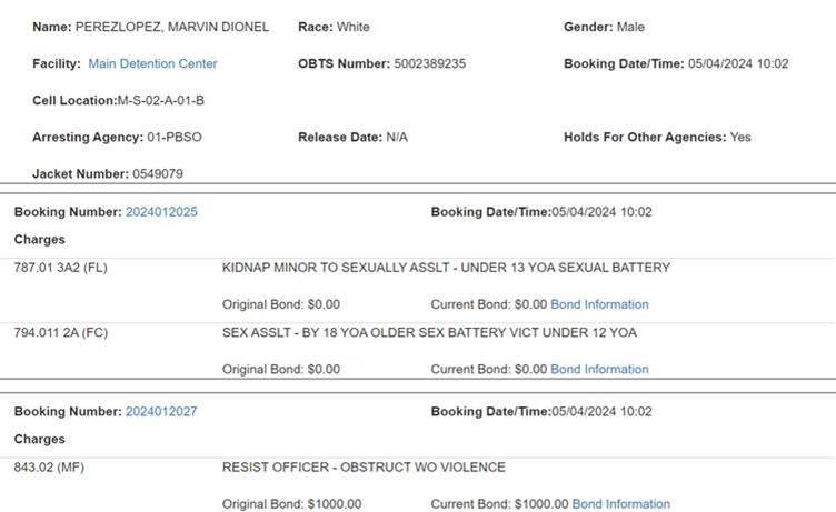 Marvin Perez Lopez is currently being held in the PBC Jail on NO BOND.