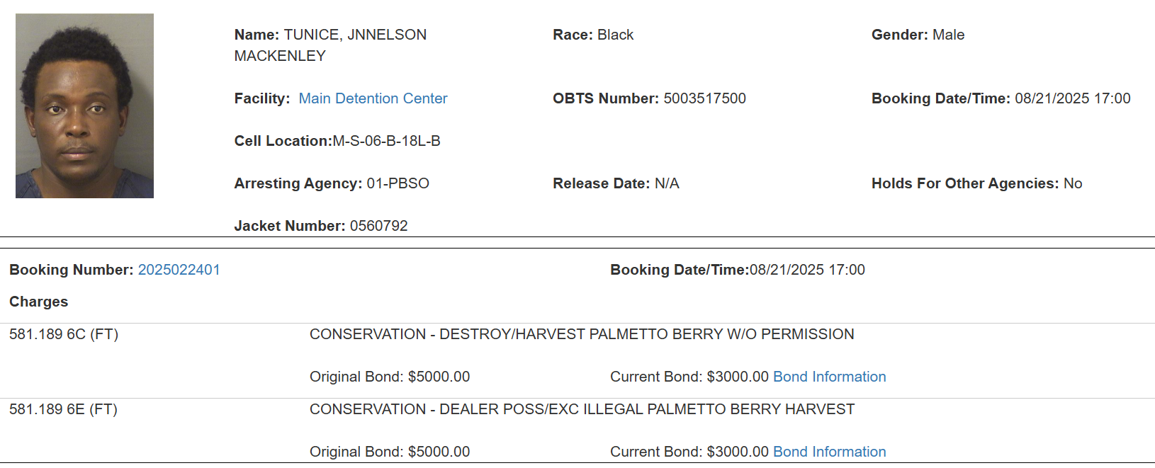 The suspect, Jn Nelson Tunice, DOB: 3/01/1989, of Naples, was transported to the Palm Beach County Jail, where a detainer was placed on him by U.S. Immigration and Customs Enforcement (ICE).