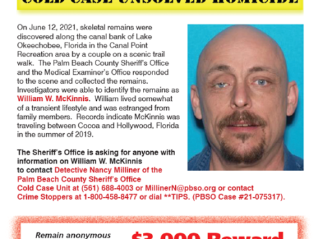 On June 12, 2021, a couple walking on the scenic trail in the Canal Point Recreation Area along the eastern shoreline of Lake Okeechobee in Palm Beach County, Florida discovered skeletal remains.