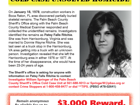 It is believed Patricia Ann Ritchie was last seen in 1977 in Harrisonburg, Virginia. It is unknown at this time exactly when and with whom Ritchie travelled to Florida before her death.