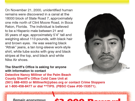 On November 21, 2000, unidentified human remains were discovered in a canal at the 18000 block of State Road 7, approximately one mile north of Clint Moore Road, in Boca Raton, Florida.
